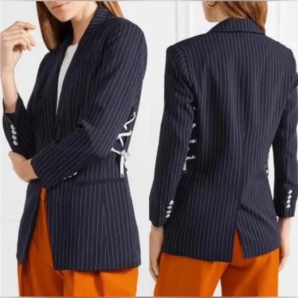 Veronica Beard Taylor Lace-Up Navy Blue Pinstriped Blazer (Chest-36'') N0 LACE